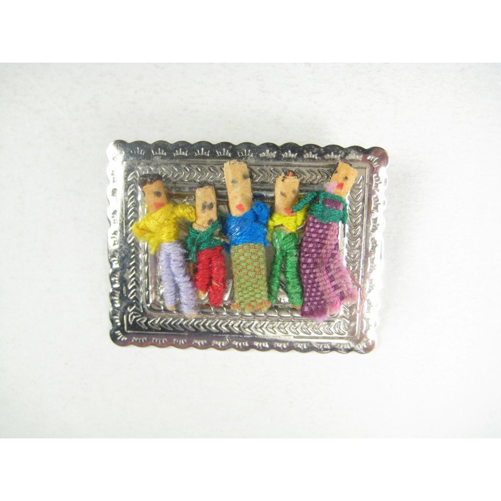 Guatemalan Worry Doll Brooch Pin Handmade Colorful 2 In Metal Rectangular Frame